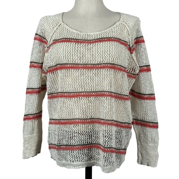 Maurices Womens Open Knit Sweater White Striped Long Sleeve Lightweight Large - Picture 1 of 14